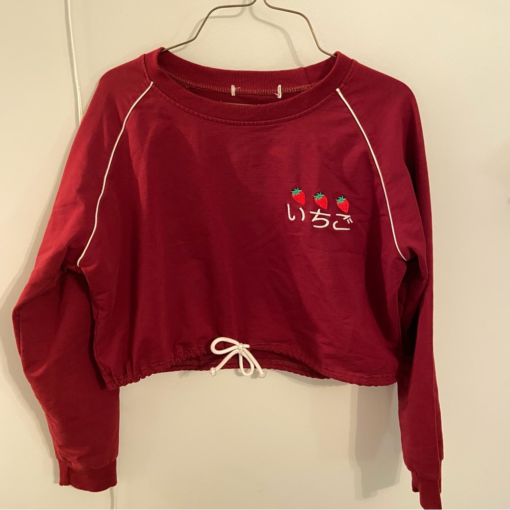 Burgundy/Deep Berry Strawberry and Japanese Lettering Cropped Long Sleeve